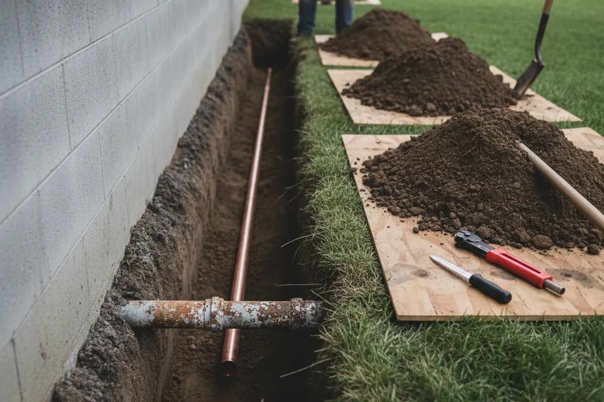 Excavated water line trench during Water Heater Repair in Wallops Island